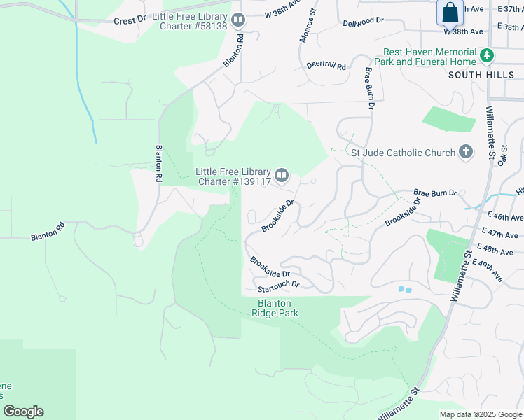 map of restaurants, bars, coffee shops, grocery stores, and more near 782 Brookside Drive in Eugene