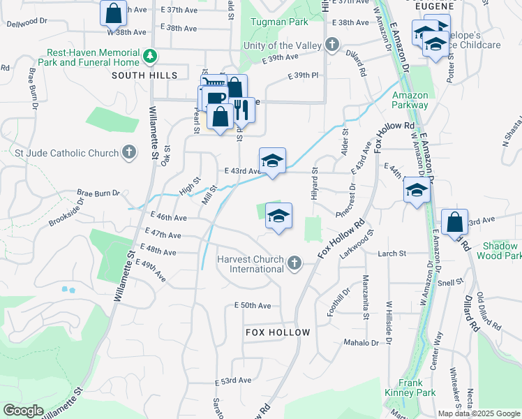 map of restaurants, bars, coffee shops, grocery stores, and more near 500 E 43rd Ave in Eugene