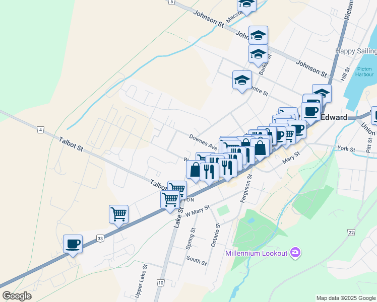 map of restaurants, bars, coffee shops, grocery stores, and more near 6 Simeon Street in Prince Edward