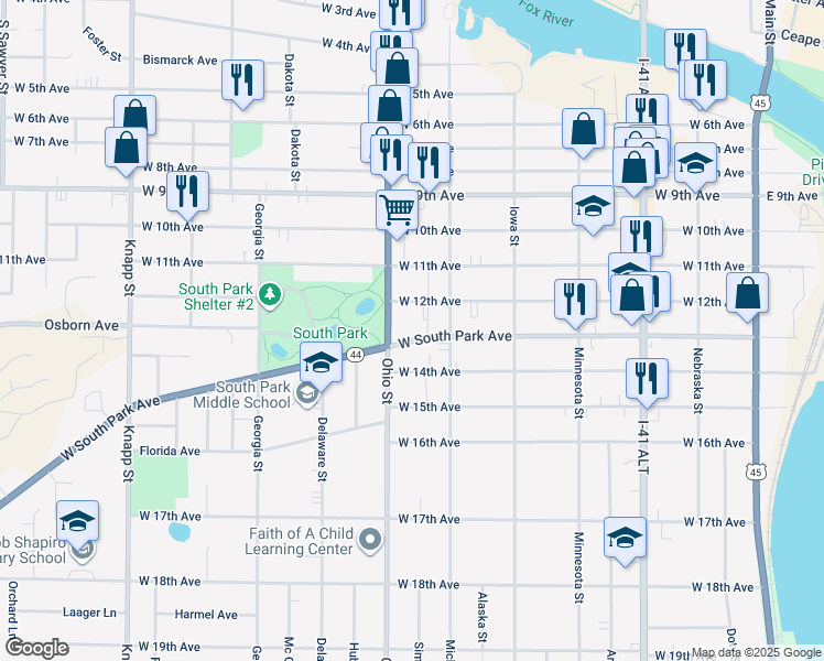 map of restaurants, bars, coffee shops, grocery stores, and more near 521 West 12th Avenue in Oshkosh