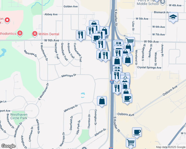 map of restaurants, bars, coffee shops, grocery stores, and more near 1390 Maricopa Drive in Oshkosh