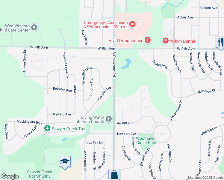 map of restaurants, bars, coffee shops, grocery stores, and more near 2800 Ruschfield Drive in Oshkosh