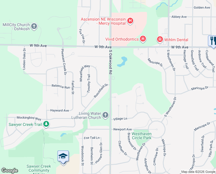 map of restaurants, bars, coffee shops, grocery stores, and more near 2800 Ruschfield Drive in Oshkosh