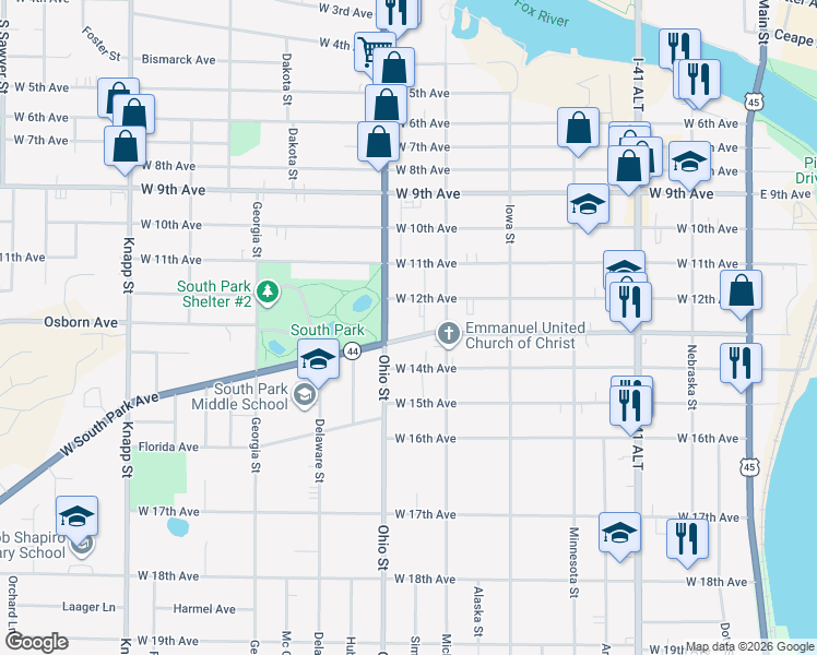 map of restaurants, bars, coffee shops, grocery stores, and more near 521 West 12th Avenue in Oshkosh