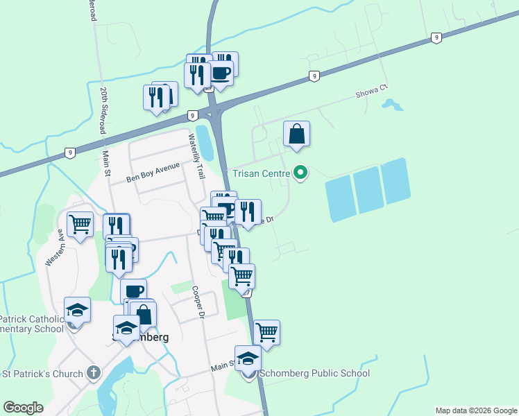 map of restaurants, bars, coffee shops, grocery stores, and more near 50 Dillane Drive in Schomberg