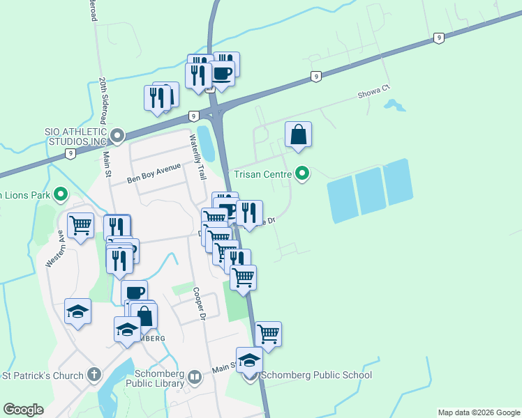 map of restaurants, bars, coffee shops, grocery stores, and more near 50 Dillane Drive in Schomberg