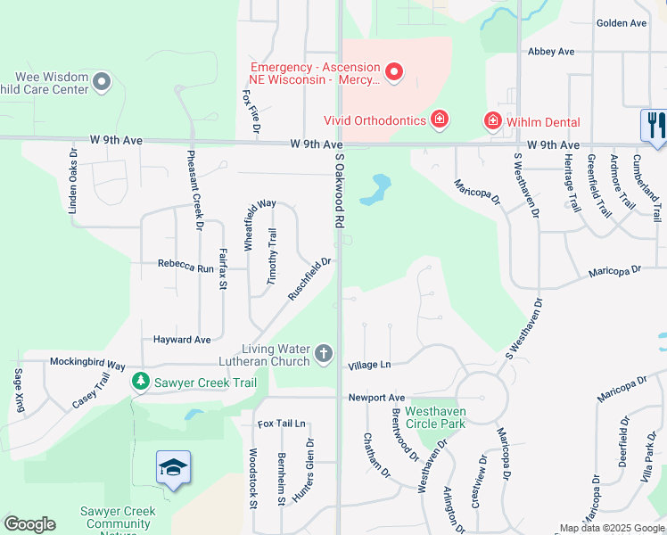 map of restaurants, bars, coffee shops, grocery stores, and more near 2800 Ruschfield Drive in Oshkosh
