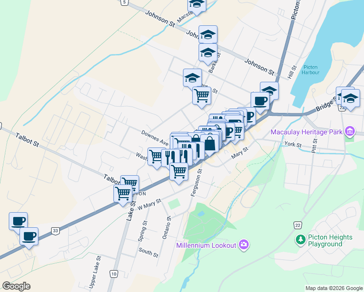 map of restaurants, bars, coffee shops, grocery stores, and more near 17 King Street in Prince Edward County