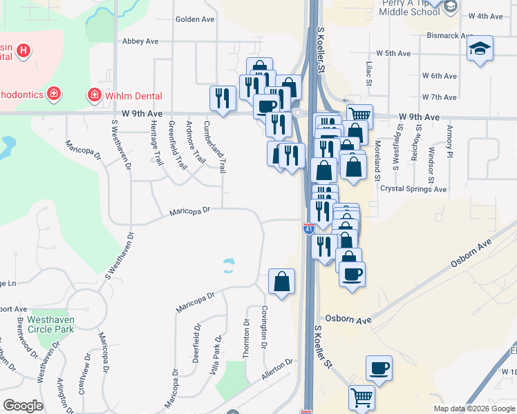 map of restaurants, bars, coffee shops, grocery stores, and more near 1394 Maricopa Drive in Oshkosh
