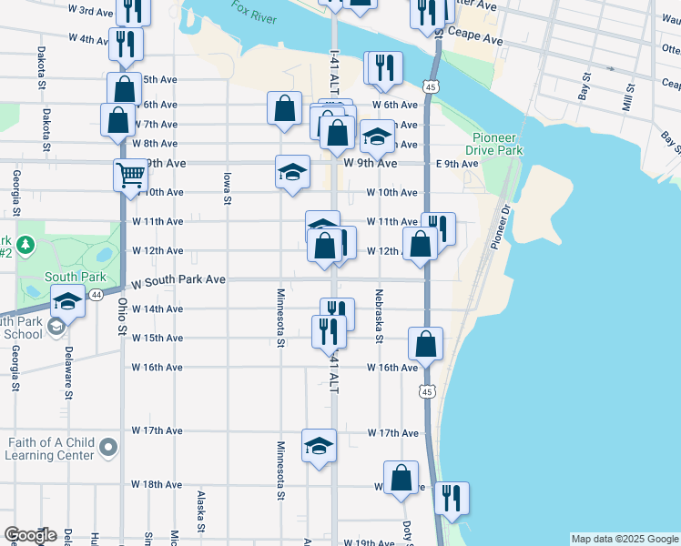 map of restaurants, bars, coffee shops, grocery stores, and more near 1212 Oregon Street in Oshkosh