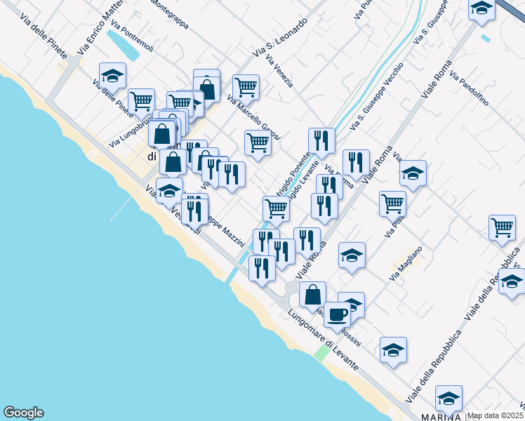 map of restaurants, bars, coffee shops, grocery stores, and more near 6 Lungofrigido Ponente in Marina di Massa