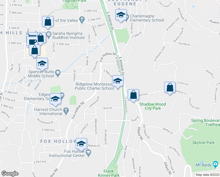 map of restaurants, bars, coffee shops, grocery stores, and more near 4435 Fox Hollow Road in Eugene