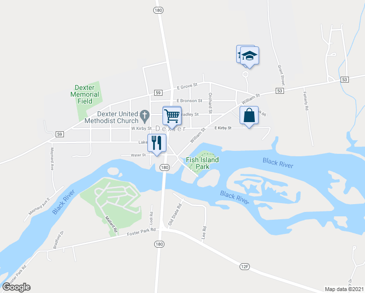 map of restaurants, bars, coffee shops, grocery stores, and more near 105 Canal Street in Dexter