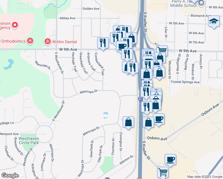map of restaurants, bars, coffee shops, grocery stores, and more near 1388 Maricopa Drive in Oshkosh