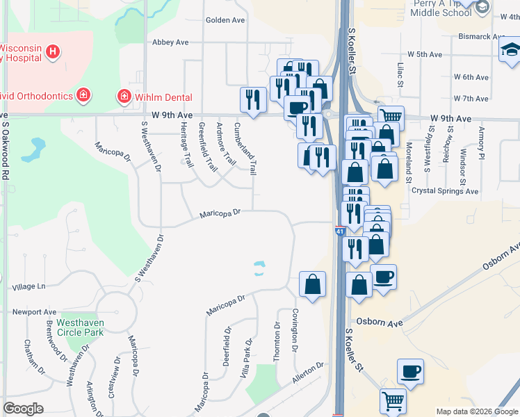 map of restaurants, bars, coffee shops, grocery stores, and more near 1388 Maricopa Drive in Oshkosh