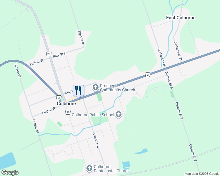 map of restaurants, bars, coffee shops, grocery stores, and more near King Street East in Colborne