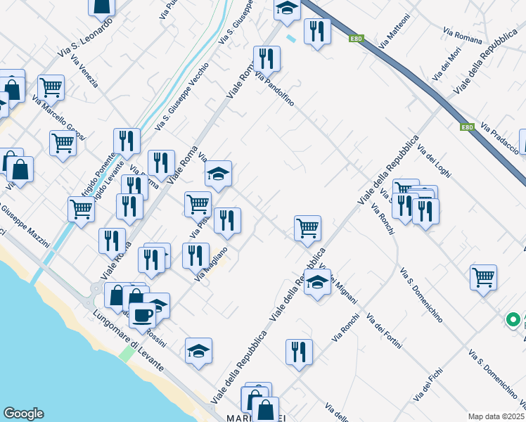 map of restaurants, bars, coffee shops, grocery stores, and more near 243 Via Arezzo in Massa