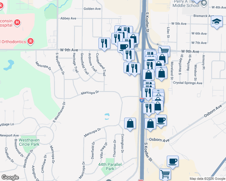 map of restaurants, bars, coffee shops, grocery stores, and more near 1380 Maricopa Drive in Oshkosh