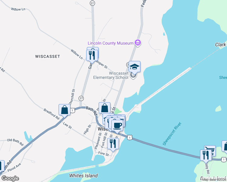map of restaurants, bars, coffee shops, grocery stores, and more near 7 Danforth Street in Wiscasset