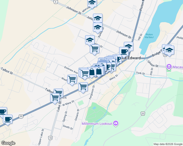 map of restaurants, bars, coffee shops, grocery stores, and more near 30 King Street in Prince Edward