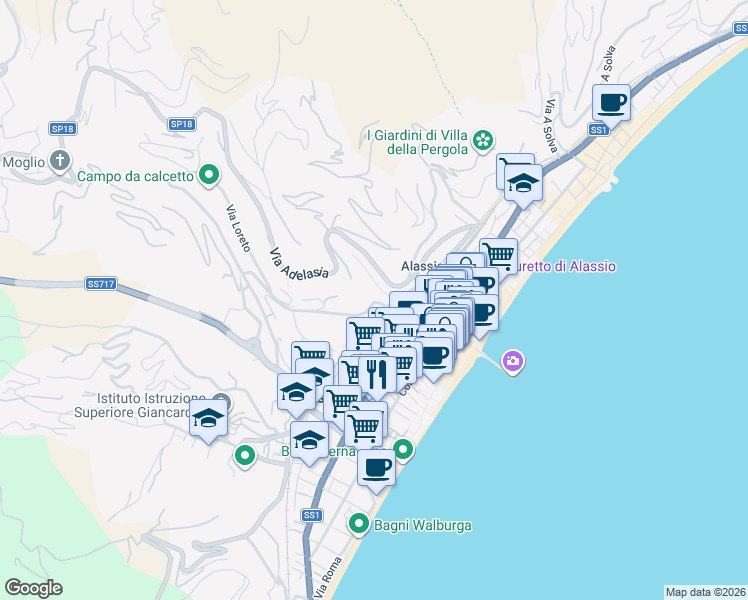 map of restaurants, bars, coffee shops, grocery stores, and more near 53 Via Michelangelo in Alassio