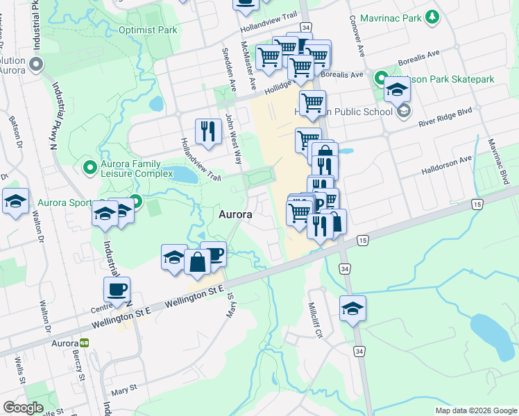 map of restaurants, bars, coffee shops, grocery stores, and more near 52 Wyatt Lane in Aurora
