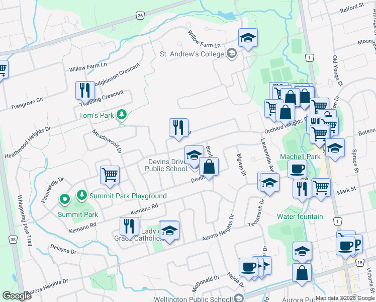 map of restaurants, bars, coffee shops, grocery stores, and more near 161 Orchard Heights Boulevard in Aurora