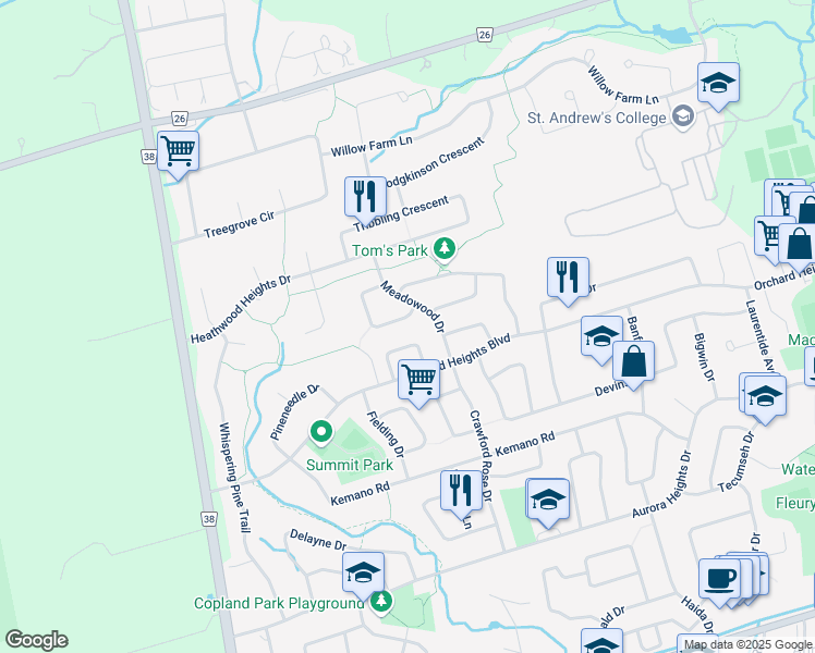 map of restaurants, bars, coffee shops, grocery stores, and more near in Aurora