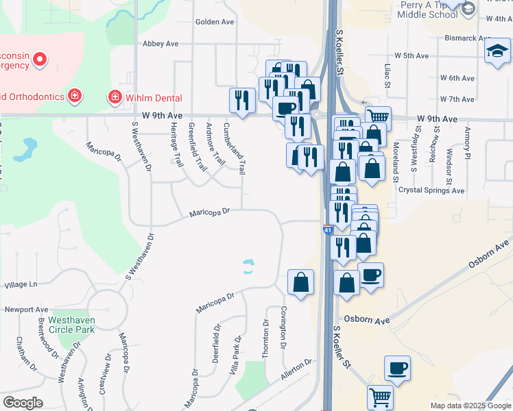 map of restaurants, bars, coffee shops, grocery stores, and more near 1388 Maricopa Drive in Oshkosh