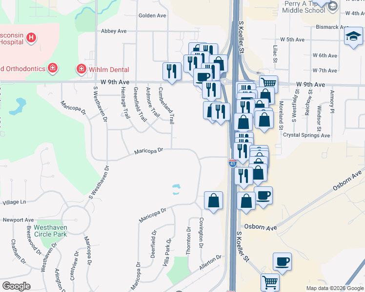 map of restaurants, bars, coffee shops, grocery stores, and more near 1388 Maricopa Drive in Oshkosh