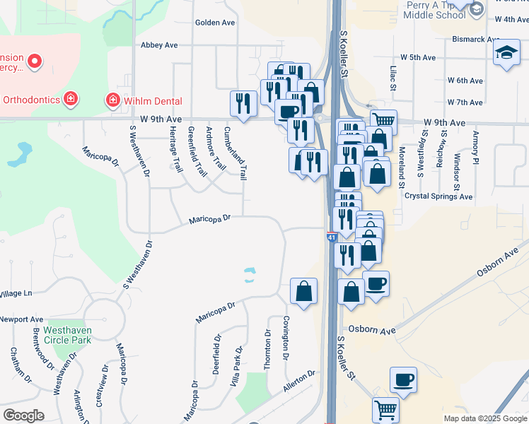 map of restaurants, bars, coffee shops, grocery stores, and more near 1388 Maricopa Drive in Oshkosh