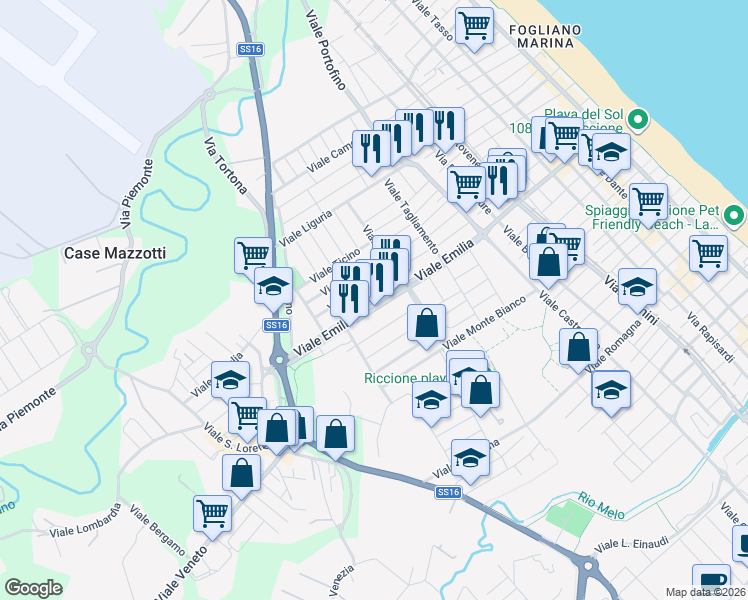 map of restaurants, bars, coffee shops, grocery stores, and more near 9A Viale Isonzo in Riccione