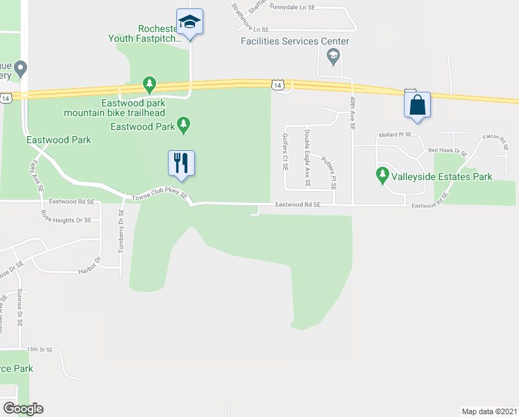 map of restaurants, bars, coffee shops, grocery stores, and more near Town Club Parkway Southeast in Rochester