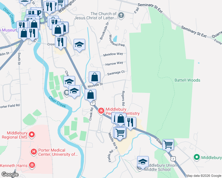map of restaurants, bars, coffee shops, grocery stores, and more near 35 Fairview Circle in Middlebury