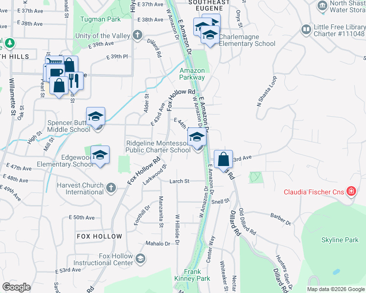 map of restaurants, bars, coffee shops, grocery stores, and more near 4431 Fox Hollow Road in Eugene