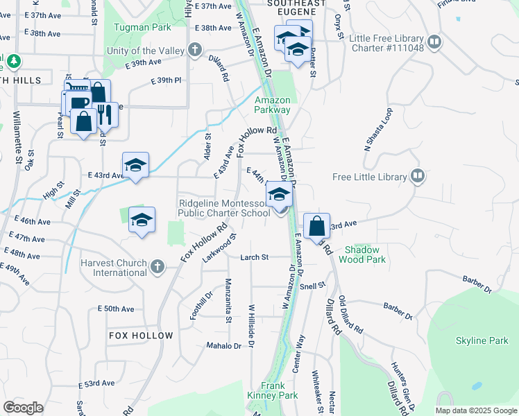 map of restaurants, bars, coffee shops, grocery stores, and more near 4431 Fox Hollow Road in Eugene