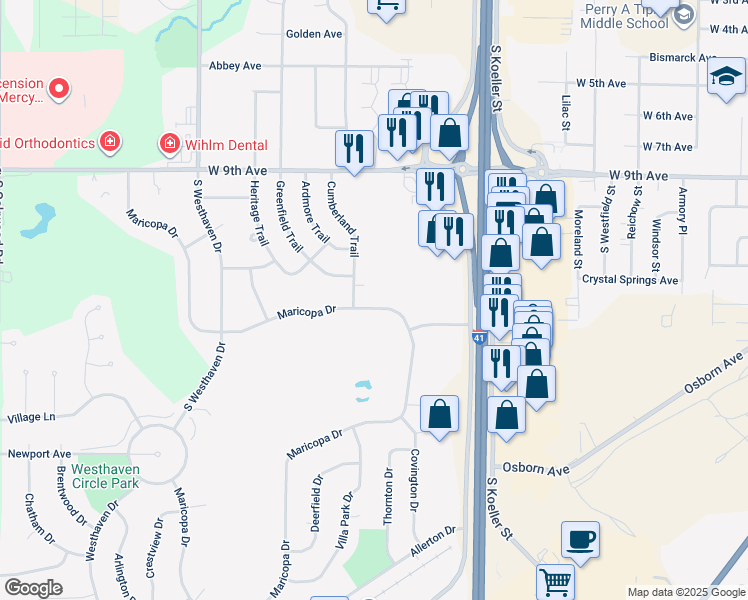map of restaurants, bars, coffee shops, grocery stores, and more near 1388 Maricopa Drive in Oshkosh