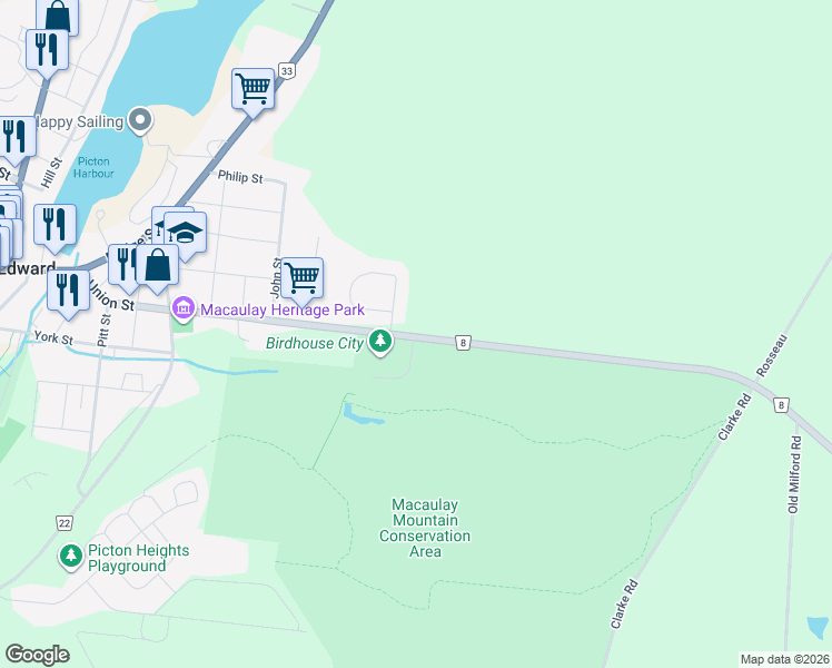 map of restaurants, bars, coffee shops, grocery stores, and more near 213 Union Street in Prince Edward