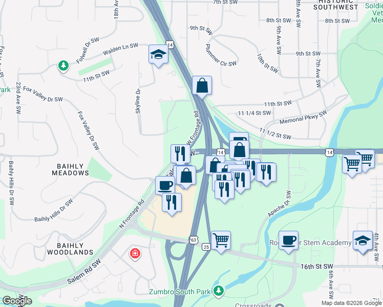 map of restaurants, bars, coffee shops, grocery stores, and more near County Highway 25 in Rochester