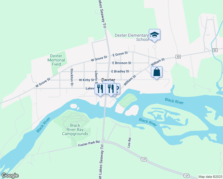 map of restaurants, bars, coffee shops, grocery stores, and more near 105 Canal St in Dexter