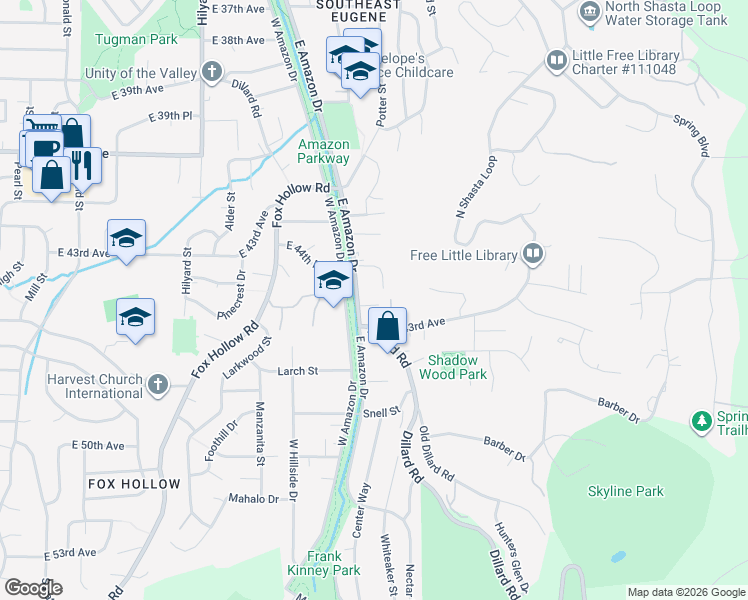map of restaurants, bars, coffee shops, grocery stores, and more near 4273 East Amazon Drive in Eugene