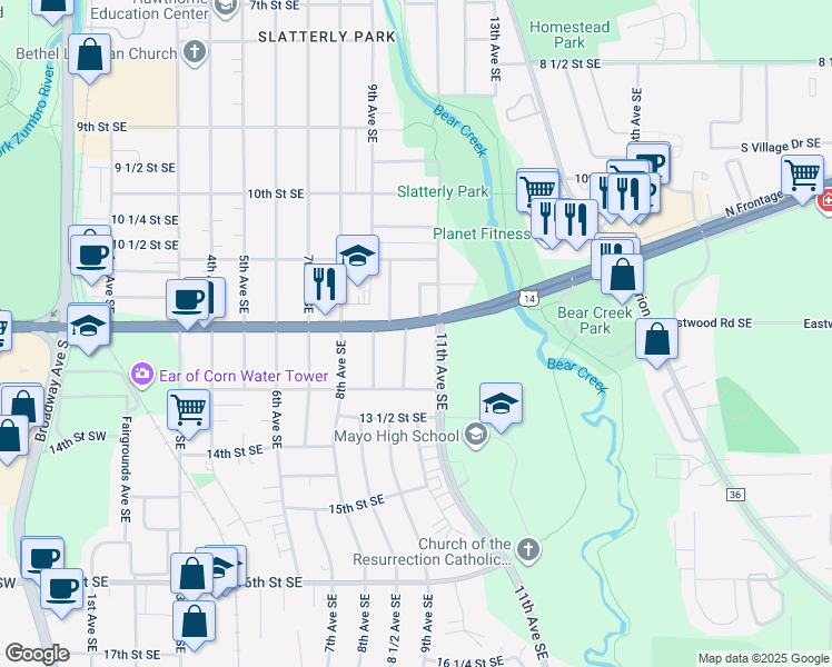 map of restaurants, bars, coffee shops, grocery stores, and more near 1008 12th Street Southeast in Rochester