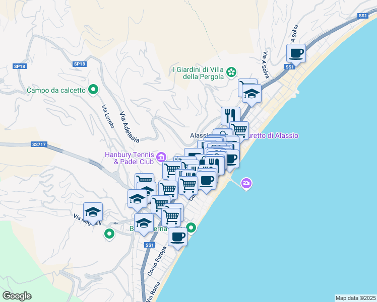 map of restaurants, bars, coffee shops, grocery stores, and more near 21 Via Michelangelo Buonarroti in Alassio