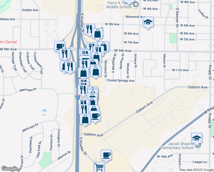 map of restaurants, bars, coffee shops, grocery stores, and more near 1310 Moreland Street in Oshkosh
