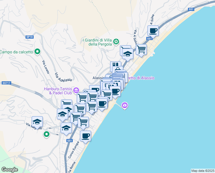 map of restaurants, bars, coffee shops, grocery stores, and more near 271A Corso Dante Alighieri in Alassio