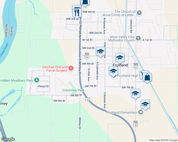 map of restaurants, bars, coffee shops, grocery stores, and more near 419 South Colorado Avenue in Fruitland