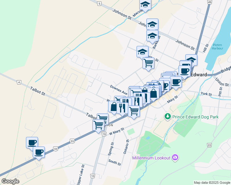 map of restaurants, bars, coffee shops, grocery stores, and more near 25 Downes Avenue in Prince Edward