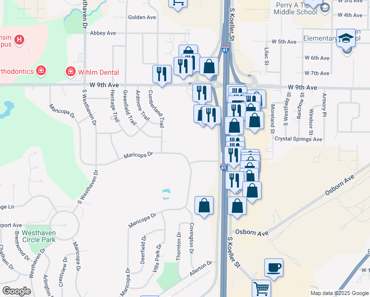 map of restaurants, bars, coffee shops, grocery stores, and more near 1390 Maricopa Drive in Oshkosh