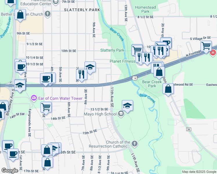 map of restaurants, bars, coffee shops, grocery stores, and more near 1008 12th Street Southeast in Rochester