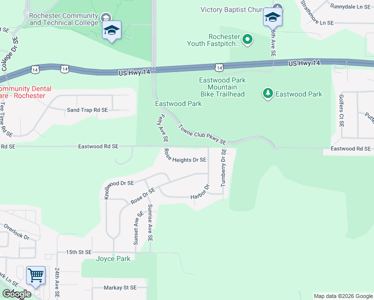 map of restaurants, bars, coffee shops, grocery stores, and more near 3108 Eastwood Road Southeast in Rochester